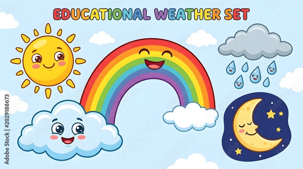 Fototapeta premium Happy Sun Rainbow Cloud and Moon Characters