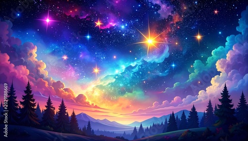 A vibrant cosmic landscape with multicolored sky, stars, clouds, and silhouetted trees