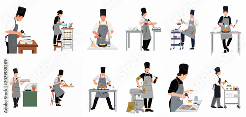 Tableau sur toile Collection of diverse male and female professional pastry chefs using blowtorches to caramelize desserts in a commercial kitchen setting
