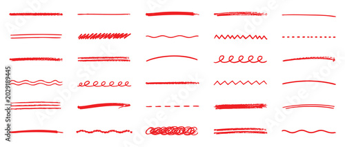 Konstfotografi A collection of various hand-drawn red lines, underlines, brush strokes, scribbles, and decorative dividers isolated on a white background