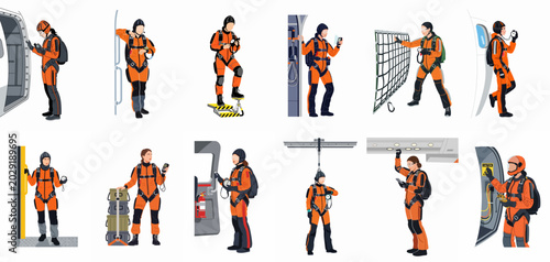 Obraz na plátne Flat vector illustration set of female skydivers in orange jumpsuits preparing for a jump inside an aircraft