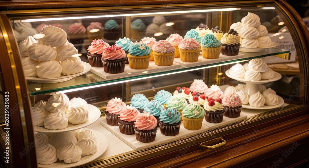Fototapeta premium A beautifully decorated bakery case filled with an assortment of colorful cupcakes, cookies, and other sweet treats, with a variety of cakes and pastries displayed on shelves and in glass cases.