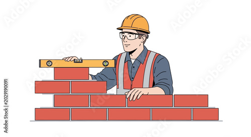 Tableau sur toile Construction worker building brick wall with spirit level, safety vest and hard