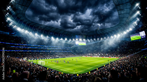 Large football stadium at night with bright floodlights and a dramatic dark stormy sky over the green grass soccer pitch