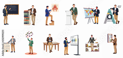 фотографія Collection of male linguistics professors and lecturers teaching various aspects of language science including phonetics, syntax, and etymology in a flat illustration style