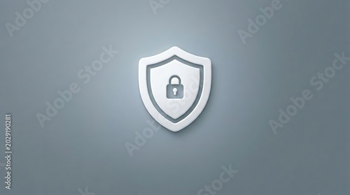 3d render of a white shield icon with a padlock symbol in the center on a grey background