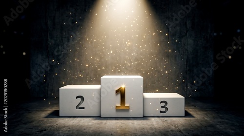 Gold number 1 on a winner's podium with light and sparkles, award ceremony