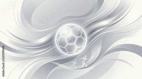 Glowing soccer ball with abstract flowing lines and tiny players running, dynamic motion concept
