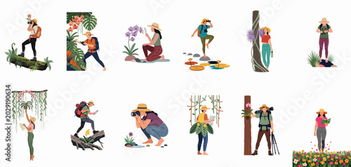 Schilderij op canvas A collection of diverse illustrational characters exploring nature, photographing tropical plants, birdwatching, and studying botany in various outdoor settings