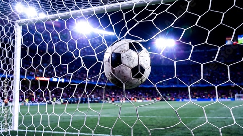 Soccer ball in net after scoring goal on stadium field with bright lights