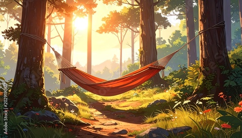 A vibrant forest scene captures a hammock strung between trees, bathed in warm sunlight filtering through the canopy. A path leads toward the light