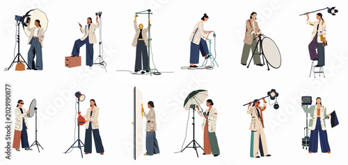 Quadro su tela Flat illustration set of female professional photographers and assistants working with lighting equipment in a studio environment