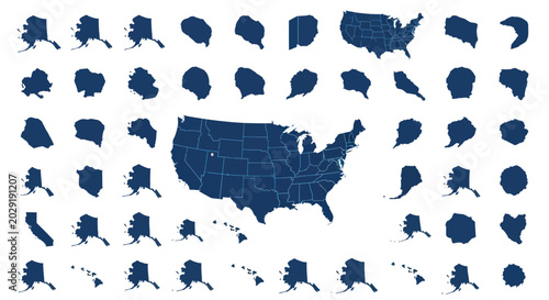 Quadro su tela US States Silhouettes Collection: USA Map, Alaska, Hawaii, Territories