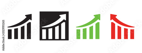 Upward trend graph icons in black green red with increase positive business