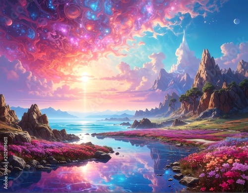 A vibrant cosmic landscape with vibrant skies, shimmering waters, and mountain peaks. A picturesque vision of tranquility