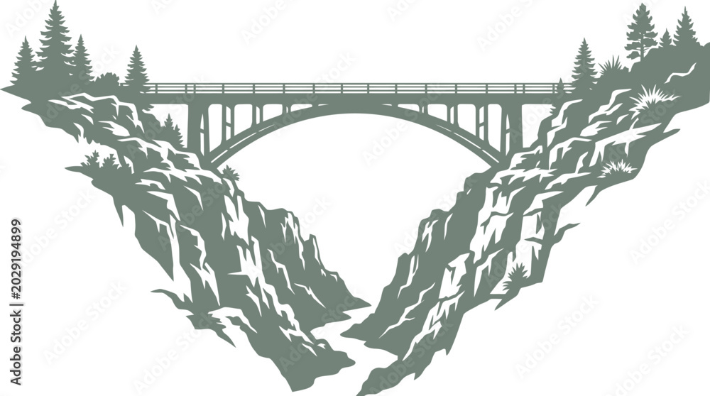 Fototapeta premium Arch bridge over a rocky canyon with pine trees