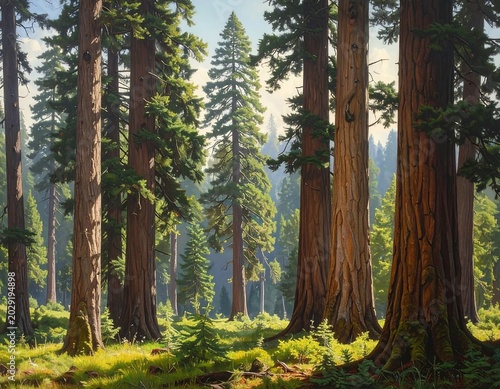 A vibrant forest scene dominated by majestic, towering trees with lush green foliage, bathed in warm sunlight