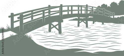 Foto Arched pedestrian bridge over wavy water surface silhouette