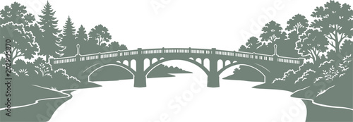 Quadro su tela Extensive forest viaduct silhouette spanning a wide river