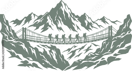 Tableau sur toile Group of trekkers walking across a long suspension bridge