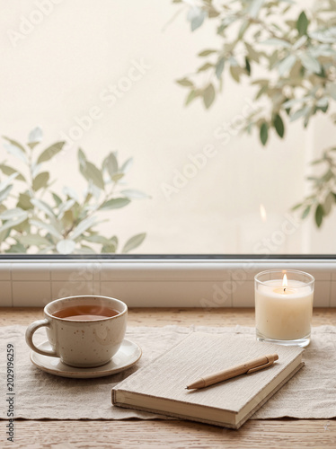 Quiet coffee notebook and candle on windowsill for mindful morning journaling