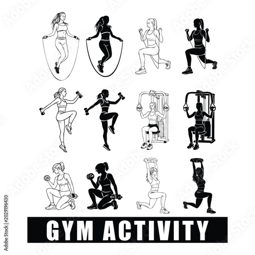 Minimalist vector set of gym workout and fitness activity icons featuring cardio and strength training exercises.