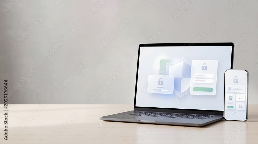 Fototapeta premium Secure cloud login concept on laptop and phone with shield interface on desk