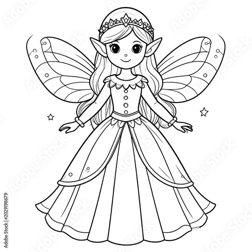 Coloring book illustration of smiling fairy.