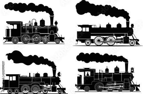 Foto Vintage Steam Train Silhouette Classic Locomotive Railway Vector Set