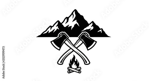Картината върху платно Outdoor Adventure Emblem: Mountains, Crossed Axes, Campfire