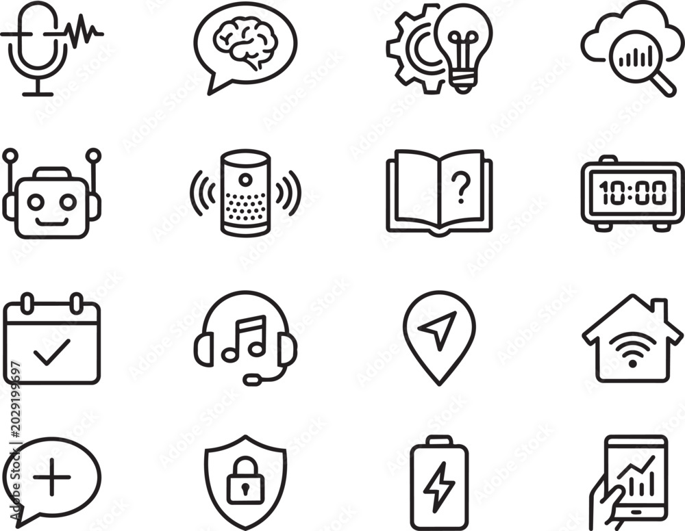 Fototapeta premium Artificial Intelligence and Smart Home Technology Line Icon Set