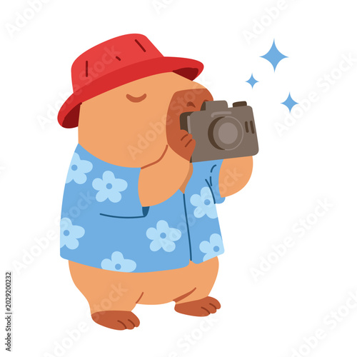 Cute Capybara Taking Photo with Camera Cartoon Summer Holiday Vector
