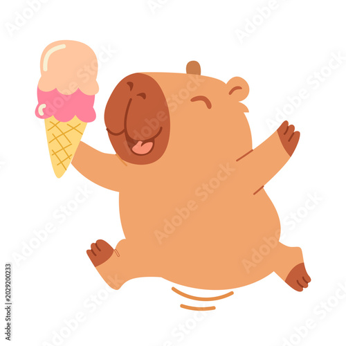 Cute Capybara Holding Ice Cream Cartoon Tropical Summer Vector Illustration