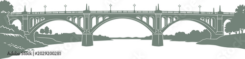 vector can be editable Large concrete arch bridge silhouette spans across a wide flowing river