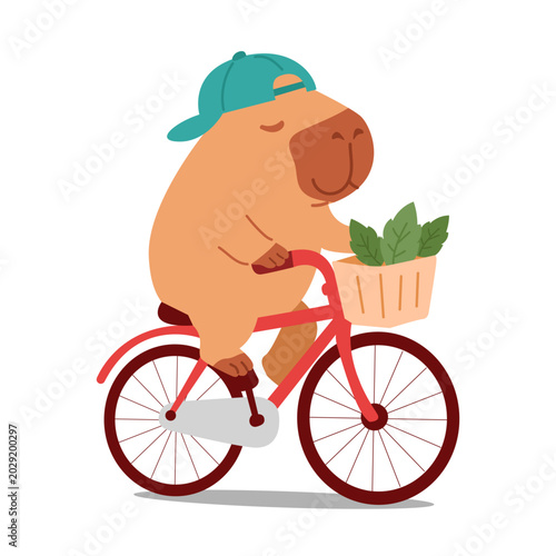 Cute Capybara Riding Bicycle with Basket Cartoon Summer Vector Illustration