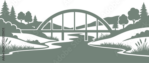 vector can be editable Modern arched span over winding river in hilly countryside