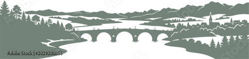 vector can be editable Panoramic landscape featuring a long bridge and distant village