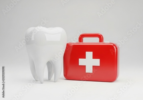 3d tooth next to red medical first aid kit