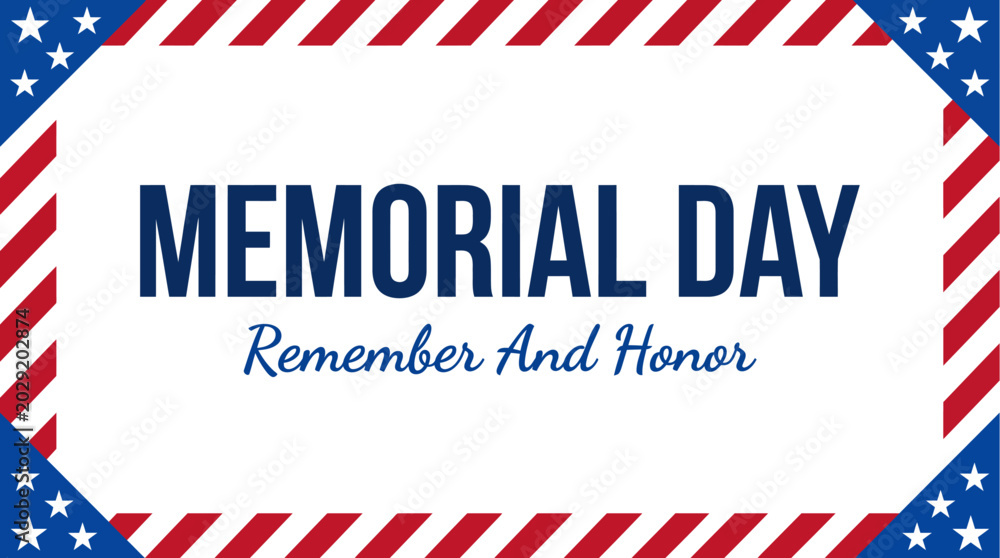 Αυτοκόλλητο Memorial Day Greeting Banner Template with Patriotic USA Flag Stripe Border, Ame