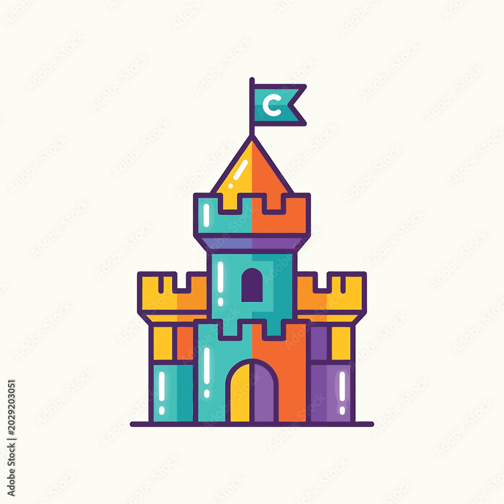 Naklejka premium Colorful cartoon castle with flag on top.