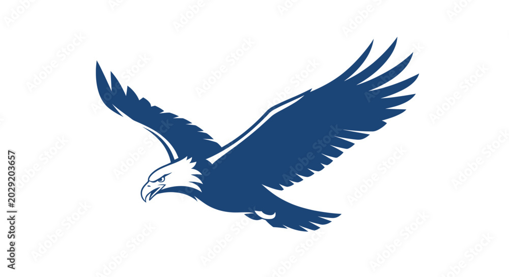 Obraz premium Majestic bald eagle in flight, dark blue silhouette on white background, symbol of freedom