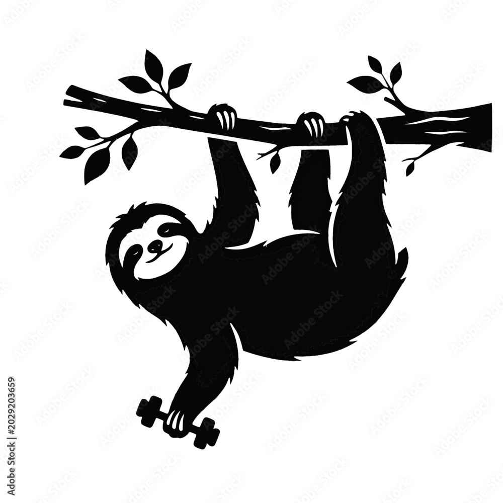 Fototapeta premium Sloth Workout Silhouette Lifting Tiny Dumbbells Vector Isolated on Transparent Background