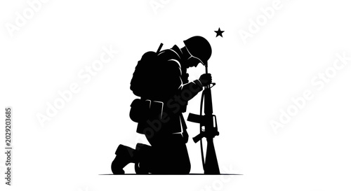 Bild auf Leinwand Soldier Kneeling Silhouette with Rifle, Memorial, Respect, Sacrifice, Military