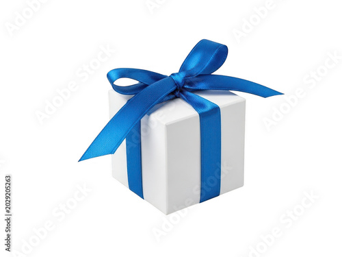 A beautifully wrapped gift box with a blue ribbon on a white background