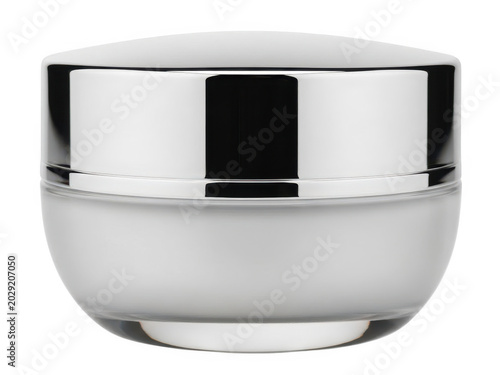 A sleek and modern silver makeup jar with a round base and a lid.