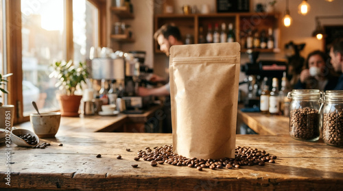 Blank brown kraft paper coffee bag mockup standing on wooden counter surrounded by roasted coffee beans.