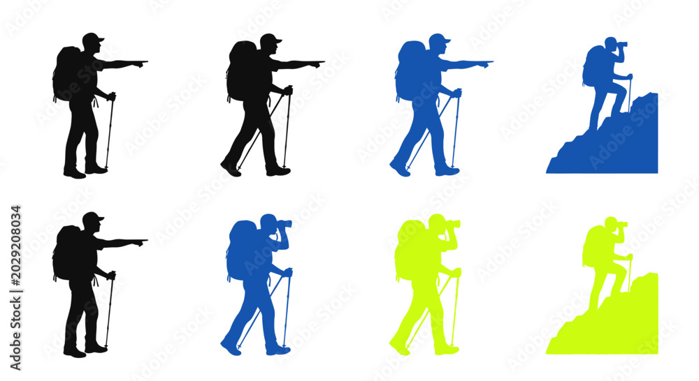 Fototapeta premium Silhouette hikers with backpacks and trekking poles, pointing direction, blue and green