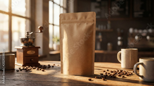 Blank kraft paper pouch mockup standing on a wooden table for coffee packaging design presentation.