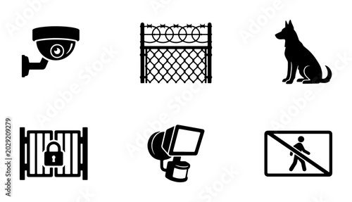 Foto Security Icons Set: Surveillance Camera, Guard Dog, Fence, Gate, Motion Detector