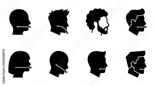 Foto Silent Mouth Icons, Zipper Face Silhouettes, Muted Expression Graphics, Secret C